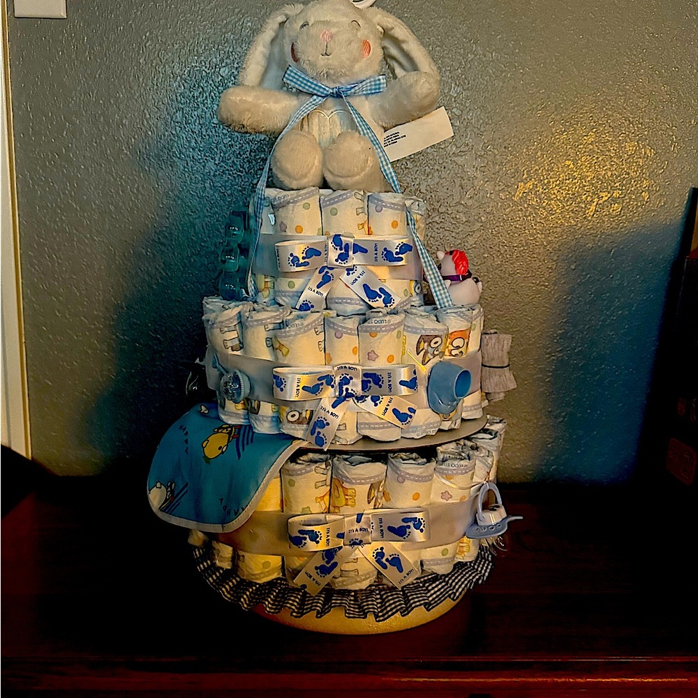 Baby Diaper Cake with Plush Bunny and Accessories